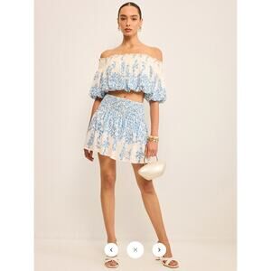 Commense Cream and Light Blue Floral Off-Shoulder Crop Top and Skirt Set